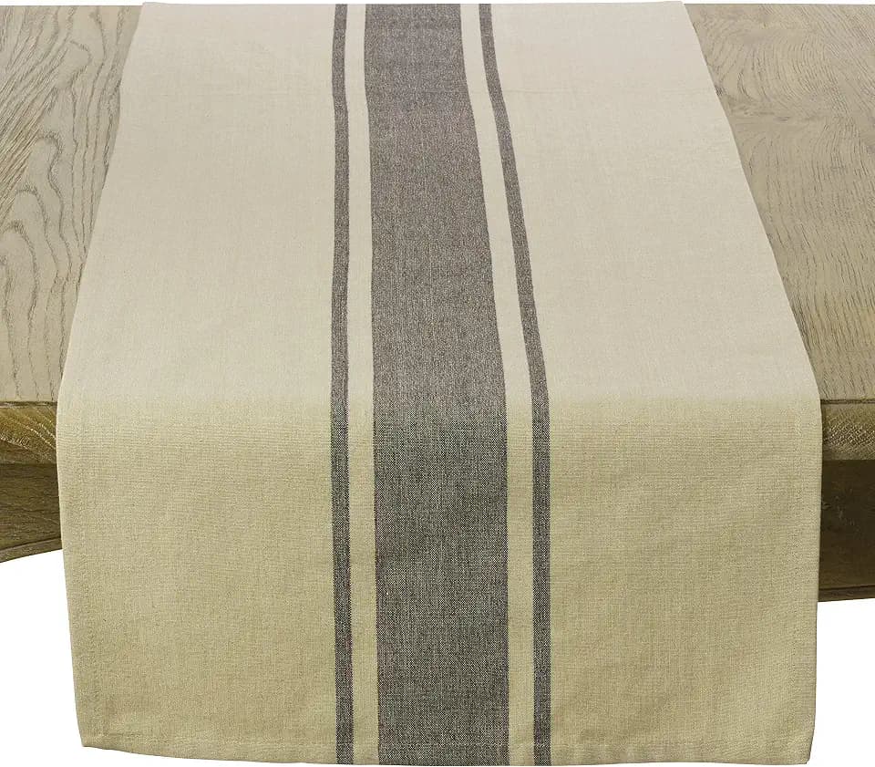 SARO LIFESTYLE 3011.N1672B Classic Banded Stripe Pattern Cotton Table Runner,Natural,16" X 72"