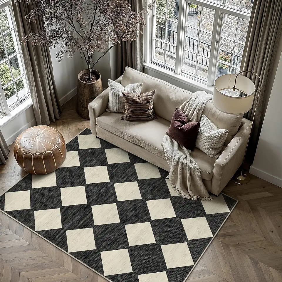 PureCozy Black 3x5 Washable Area Rug Entryway Small Non Slip Checkered Rugs