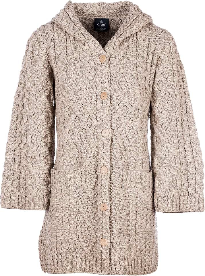 Aran Woollen Mills Ladies Merino Wool Long Cardigan with Hood (Wicker, XXLarge)