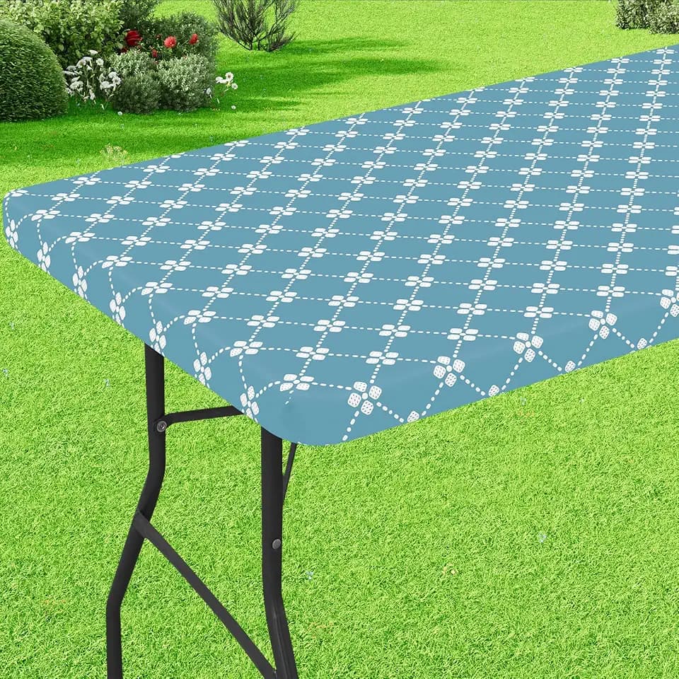 misaya Rectangle Vinyl Table Cloth, Elastic Fitted Tablecloth with Flannel Backing, Waterproof Plastic Table Cover Fits 8 Foot Folding Tables for Picnic, Camping and Outdoor (Lake Blue, 30" x 96")