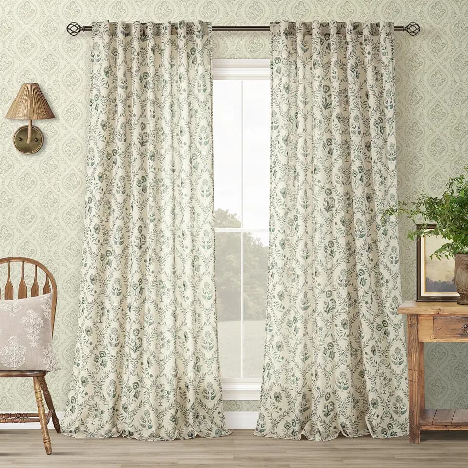 Extra Long Floral Curtains 120 Inches Long for Living Room Greyish Green