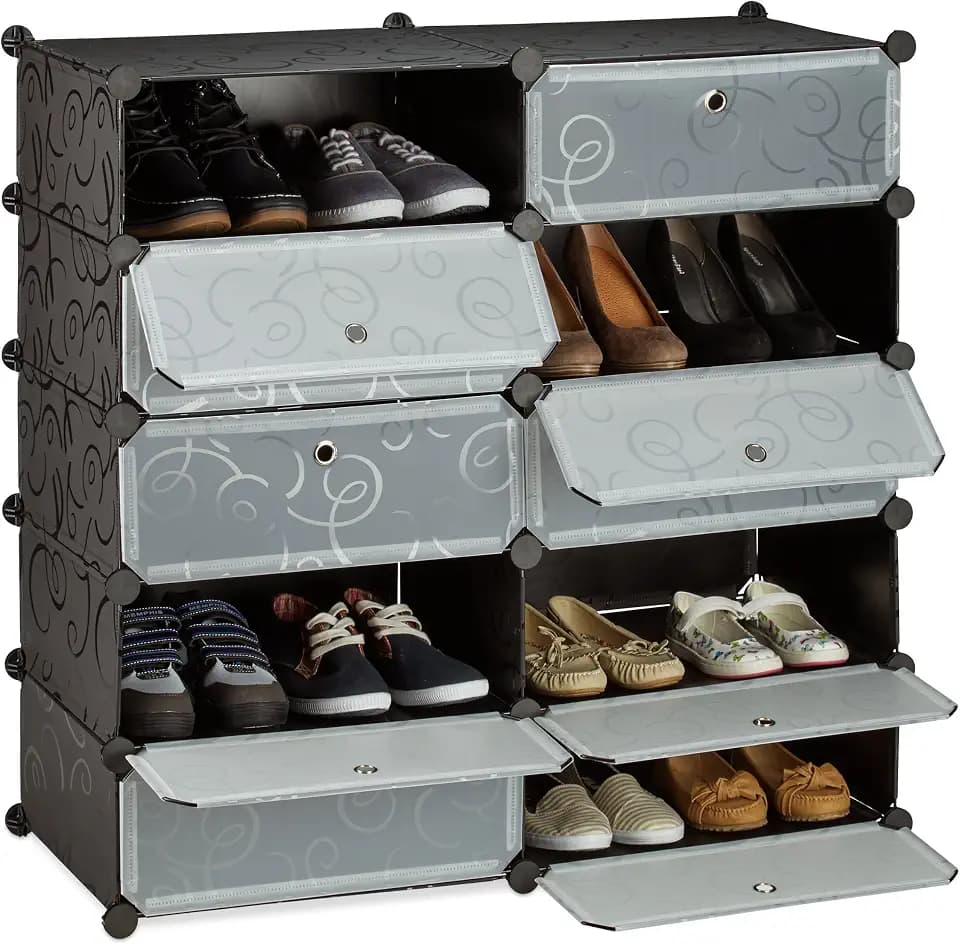 Relaxdays Schuhschrank mit 10 Fächern, Schuhregal groß, schwarz