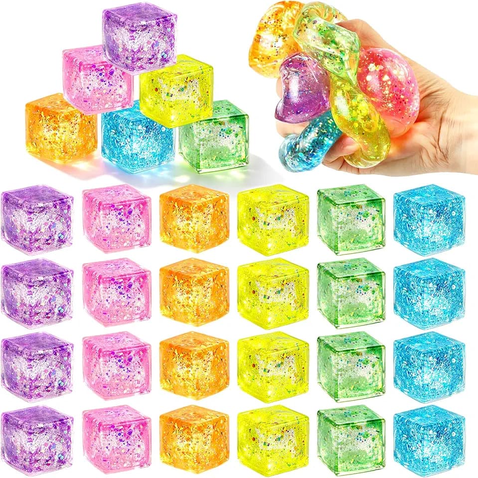 24Pcs Glitter Stress Relief Colorful Sensory Fidget Toys Squeeze Balls Bulk for Anxiety Stress Relief Stress Ball Party Favors Classroom Prizes Gifts for Kids Teens Adults
