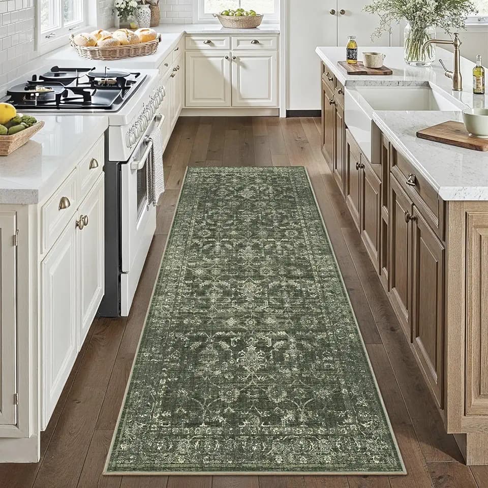 3x7 Washable Kitchen Runner Rug Non-Slip Boho Dark Green Throw Carpet