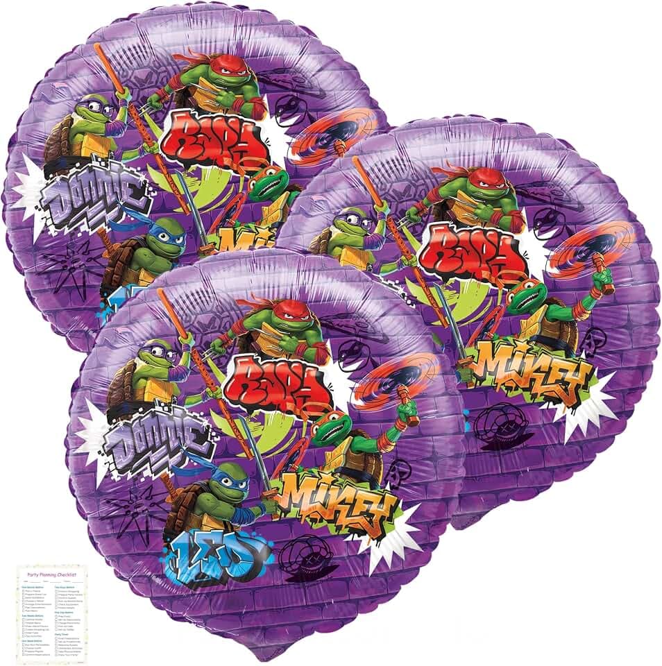 Ninja Turtle Balloons - Ninja Turtle Party Decorations - 3 TMNT Foil Balloons 18”, Checklist - Teenage Mutant Ninja Turtle Birthday - TMNT Party Supplies