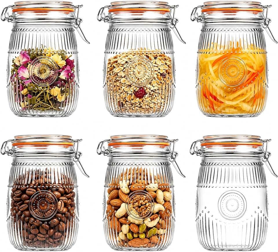 Amzcku Wide Mouth Vintage Mason Jars with Airtight Lid 32oz Canister 6-Pack
