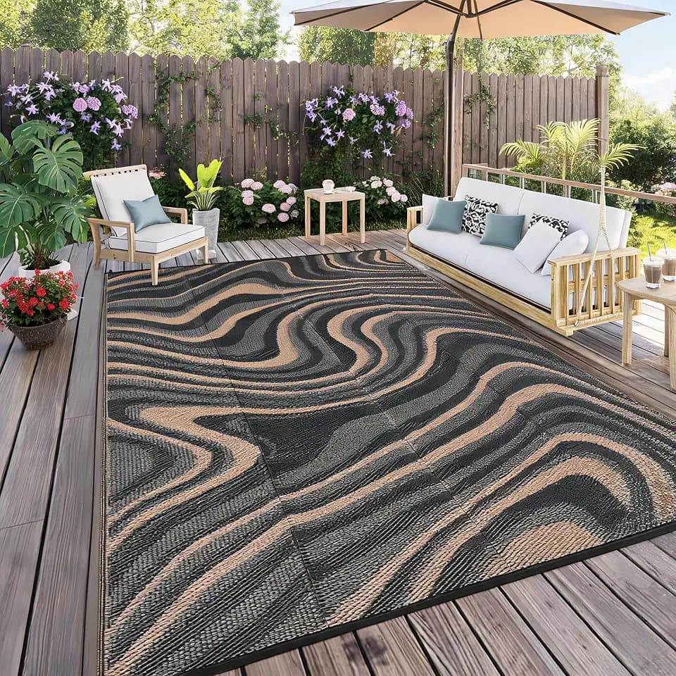 10x20 Large Outdoor Patio Rug Modern Abstarct Plastic Straw Outdoor Rugs Waterproof Foldable UV Resistant Camping Reversible Mats for Deck, Camper, Balcony, Beach, Rv，Black/Gray/Brown