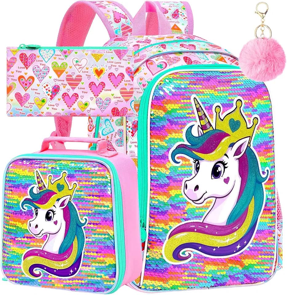 HPJGD 3PCS Unicorn Backpack, Water Resistant Girls Sequins Bookbag Set with Lunch Box, Cute Elementary School Bag for Preschool Toddler - Rainbow Unicorn Pink