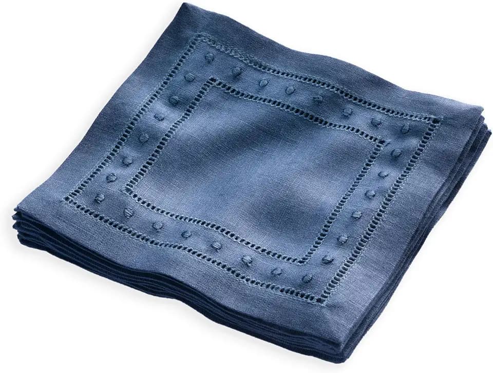 Linen Cocktail Napkins 6 x 6 inch - Linen Navy Blue Coaster Napkins Cloth with Embroidered Dot Set of 12 - Hemstitch Napkin Cloth for Fall, Winter, Thanksgiving and Christmas Decor