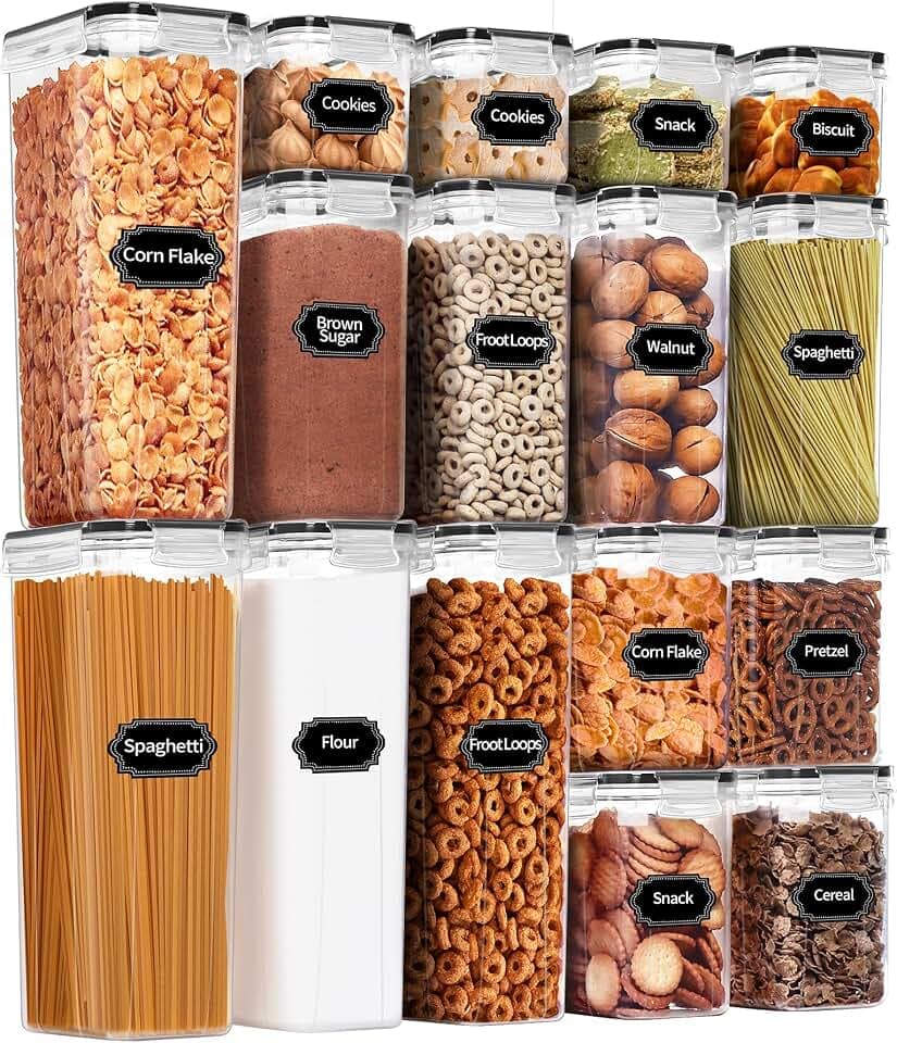 PRAKI Airtight Food Storage Containers Set, 16 Pcs BPA Free Plastic Dry Food Canisters for Kitchen Pantry Organization and Storage Ideal for Cereal, Flour & Sugar - Labels, Marker(Black)