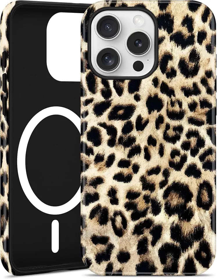 Magnetic Cheetah Print Phone Case for iPhone 15 Pro Max, White