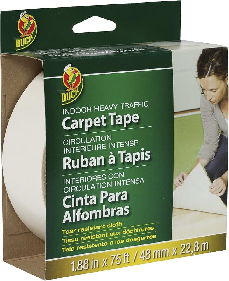 Duck Brand Indoor Heavy Traffic Carpet Tape, 1.88 in x 75 Ft, White, 1 Roll