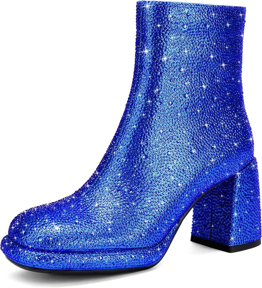 FINDVELL Rhinestone Boots For Women Chunky Block Heeled Sparkly Platform Ankle Booties Glitter Shoes Wedding Bride