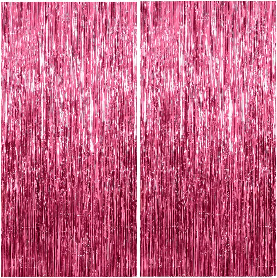 2 Pack Foil Curtain Backdrop Pink Metallic Tinsel Foil Fringe Curtains Photo Booth Props for Birthday Wedding Engagement Baby Shower Bachelorette Christmas Holiday Celebration Party Decorations