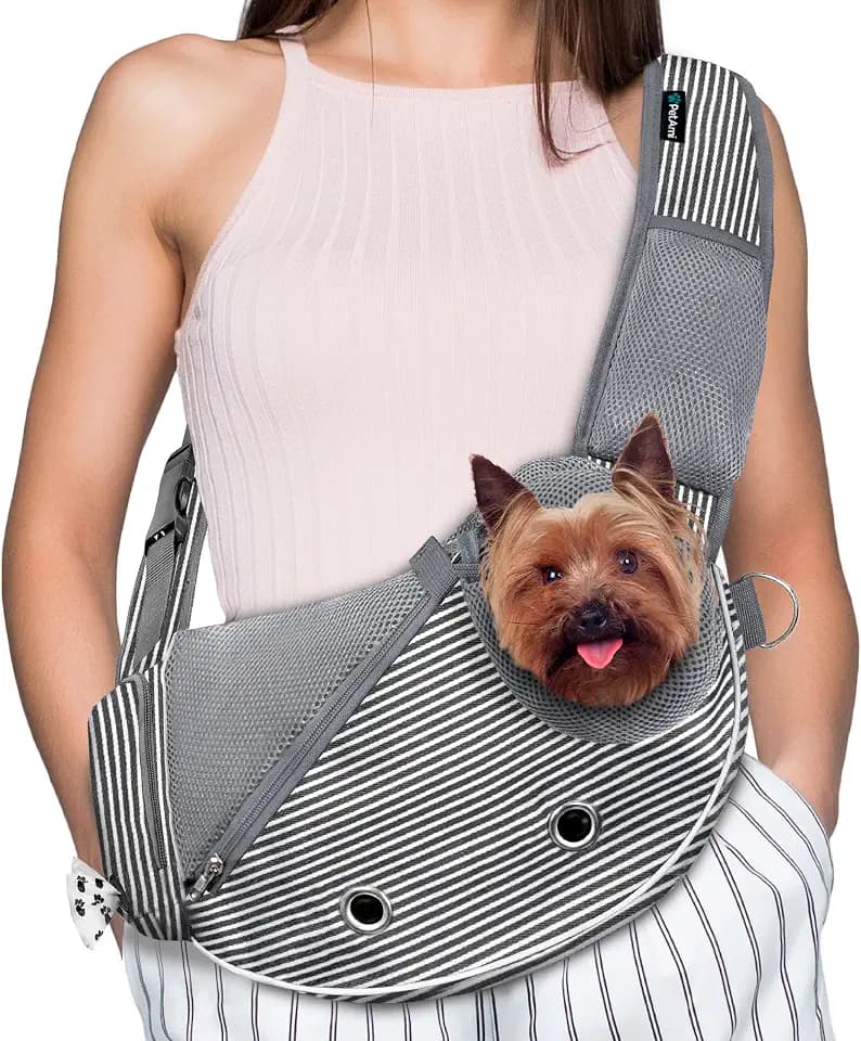 PetAmi Small Dog Sling Carrier, Puppy Cat Hands-Free Purse, 10 lb, Stripe