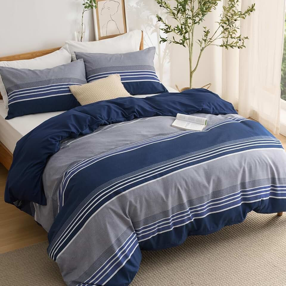 BEDSURE Bettwäsche 200x200 3teilig Bettbezug - Bettwäsche-Sets Blau 200 x 200 cm mit 2 Kissenbezüge 50x75 cm, ÖKO-TEX Wendebettwäsche Bedding Blau Gestreift Muster mit Reißverschluss