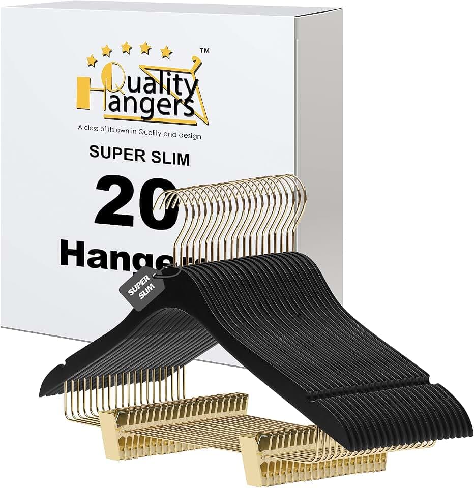 20 Luxury 16.5" Ultra Thin Space Saving Black Wooden Skirt Pant Hangers, 360 Degree Swivel Hook, Best for Suit, Coat Hangers Pants, Blouses, Dress Hangers Black with Gold Hook (Skirt/Blouse, 20)