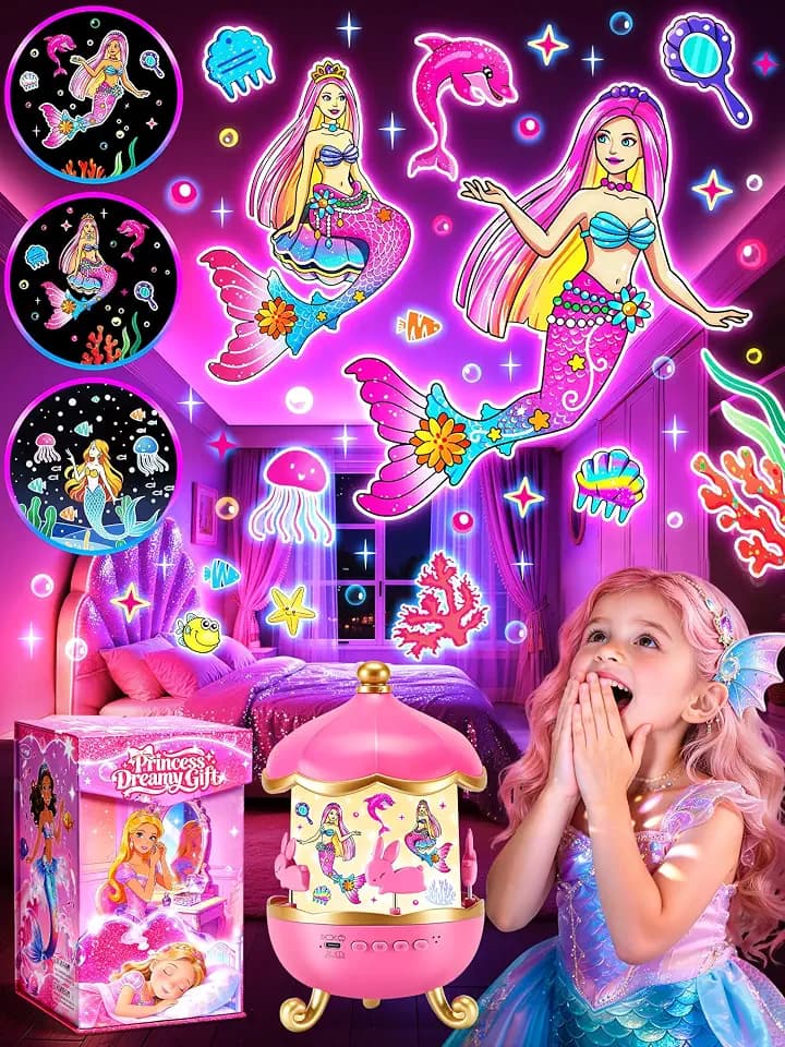 Little Mermaid Toys, 15 Soothing Sounds+18 Films+378 Colors Kids Night Light Projector, 360°+Remote+Cordless+Pink Mermaid Birthday Gifts for Girls, Princess Toys Princess Room Decor[Dreamy Packaging]