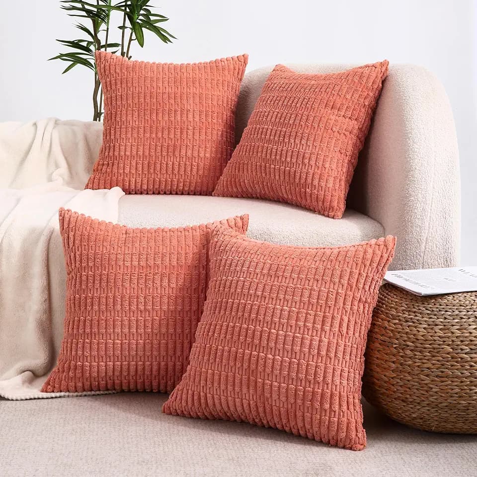 All Smiles Decorative Coral Throw Pillow Covers 16x16 Set of 4 Farmhouse Rustic Boho Home Decor Soft Plush Striped Corduroy Square Cushion Case for Living Room Couch Bed Sofa