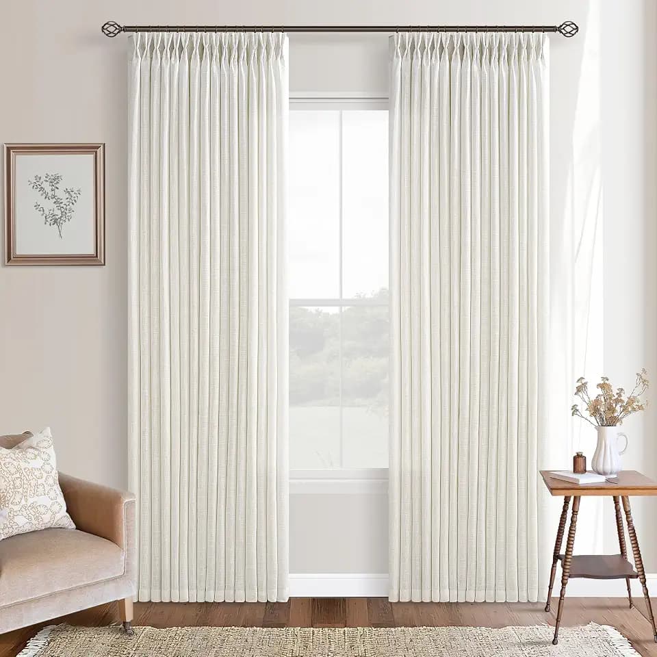 Ivory Pinch Pleated Linen Blend Semi Sheer Curtains 105 Inches Long 50W