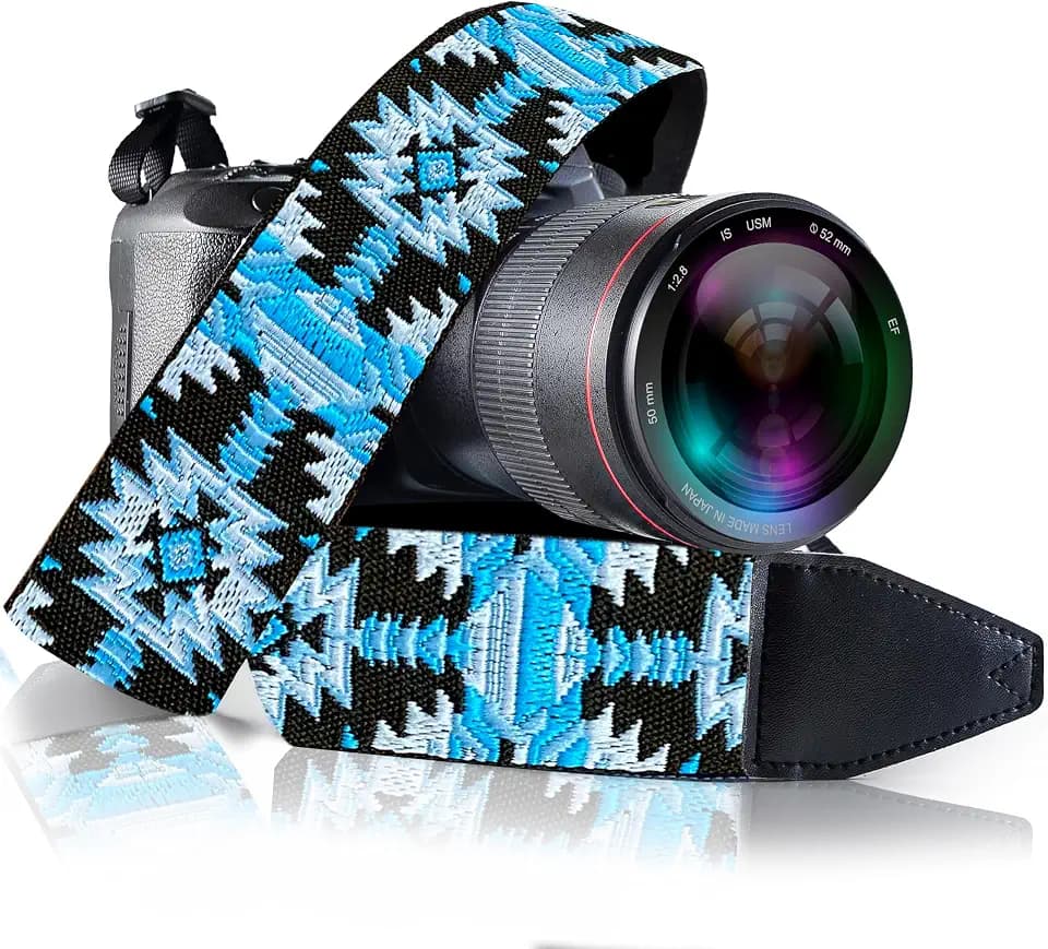 Art Tribute Camera Strap - Shoulder, Crossbody & Neck Camera Strap for Photographers, Fits All Cameras, Canon Nikon Sony Fujifilm, Padded Strap W/Quick Release, Embroidered Cotton & Leather Ends