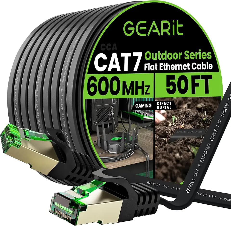 GEARit Cat 7 Outdoor Flat Ethernet Cable (50ft, Black) Direct Burial Rated LLDPE Jacket - Indoor Cat7 Shielded FTP 600MHz 10Gbps High Speed Gaming Computer Network RJ45 Snagless Patch Cord Internet
