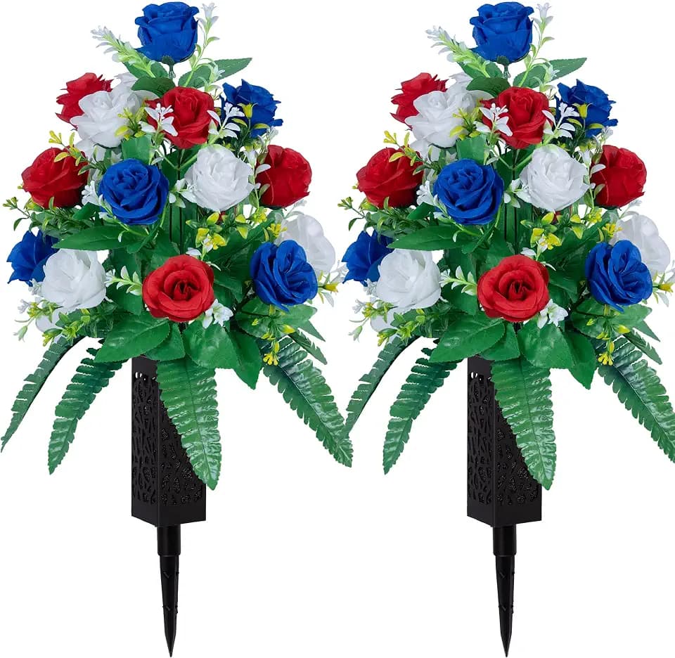 DONODA 2 Sets Artificial Cemetery Flowers， Outdoor Grave Decorations Roses，Accompanied by 2 Long Nail Vases，Lasting and Non-Bleed Colors (18 Heads (red, Blue, White))