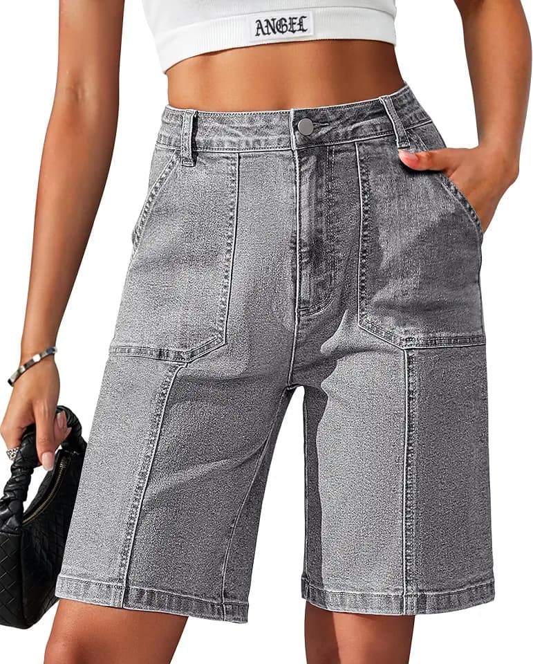 Eddoyee Bermuda Shorts for Women Long Knee Length Jean Shorts Denim Stretchy Cotton Jorts with Pockets Casual Relaxed Fit