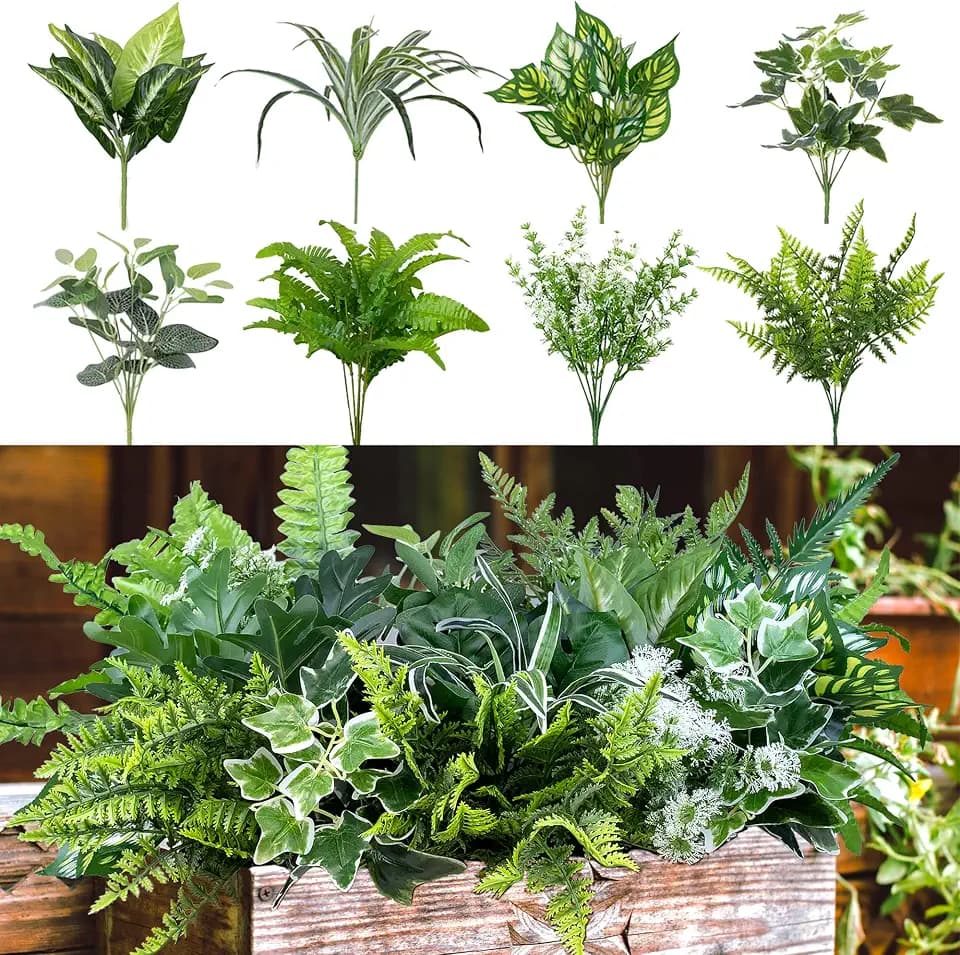 Artificial Plants Outdoor Décor 10 Pcs Assorted Fake Ferns UV Resistant Tall Grass Plants Bulk Faux Tropical Flower Bushes Outside Front Porch Yard Garden Plastic Greenery Shrubs Arrangement