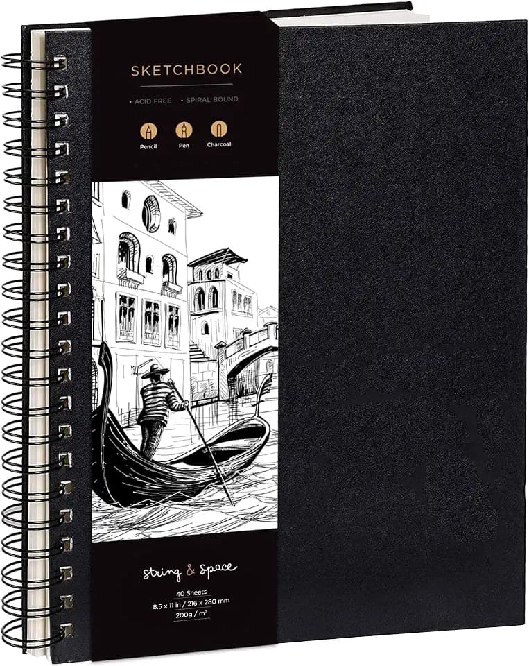 String & Space Skizzenbuch A4, Sketchbook für Künstler – Zeichenblock mit sehr festem 200 g/m² Papier, säurefrei – Spiralbindung liegt flach, Hardcover – 40 Blatt / 80 Seiten (A4)