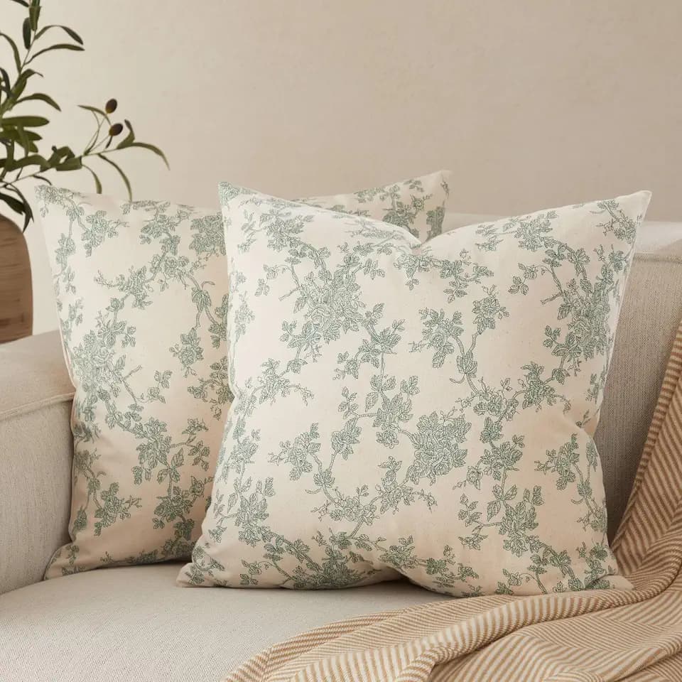 100% Cotton French Pastoral Throw Pillow Covers Set of 2, 24x24 Inch Vintage Green Farmhouse Decorative Cushion Covers for Sofa Bed Living Room Home Decor
