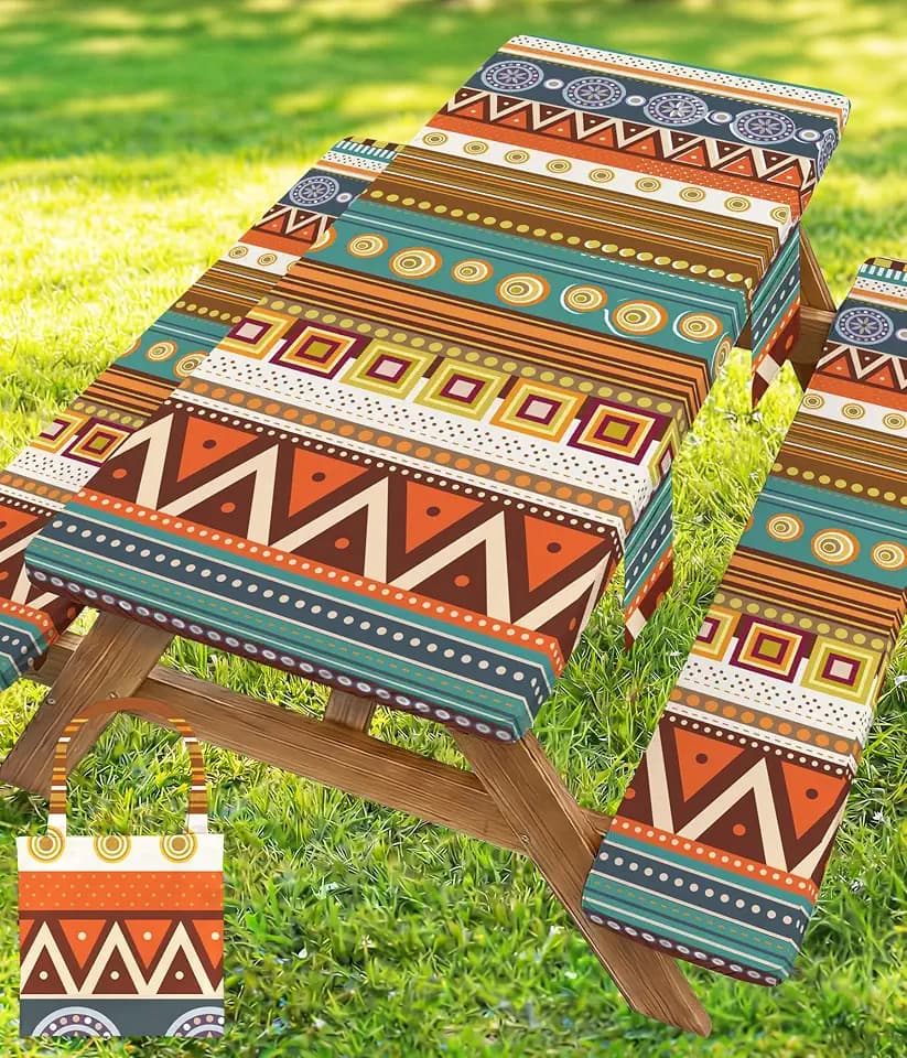 Fitted Picnic Table Cover with Bench Covers Fitted Rectangle Table Cloth Tablecloth Camping Gear Essentials Rv Accessories Road Trip Supplies Car Travel Must Have 6 Ft Foot Feet 72in Bohemian Boho