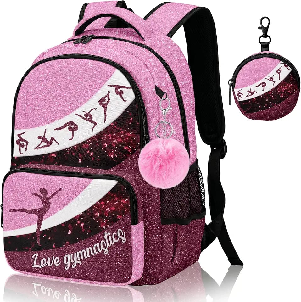 Gymnastics Backpack for Girls, Cute Gymnastics Backpack with Coin Purse & Key Chain for School Travel (Pink)
