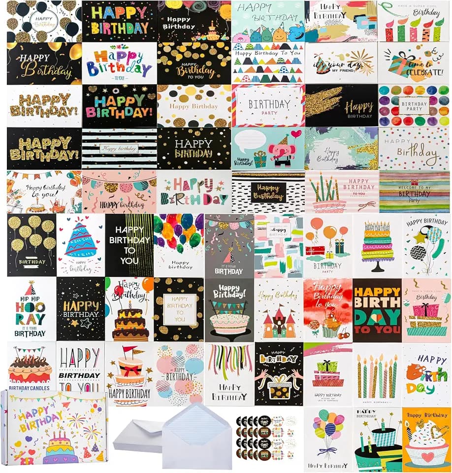 60 Unique Birthday Cards with Envelopes, 4x6 Blank Birthday Cards Bulk, Happy Birthday Cards for Office, Family, Friends