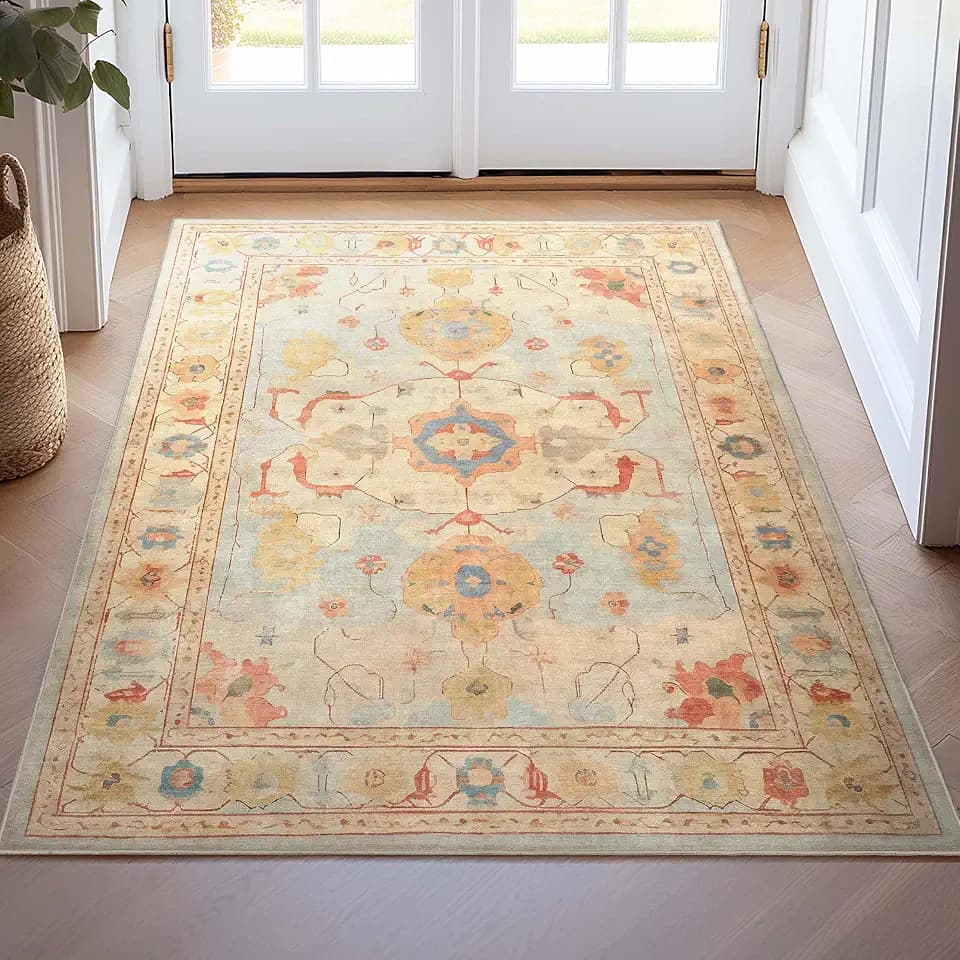 Well Woven Ushak Pamukkale Light Blue Beige 3'11" x 5'3" Accent Area Rug for Bedroom and Entryway - Tone On Tone, Updated Traditional, Easy Clean, Floor-Friendly Backing