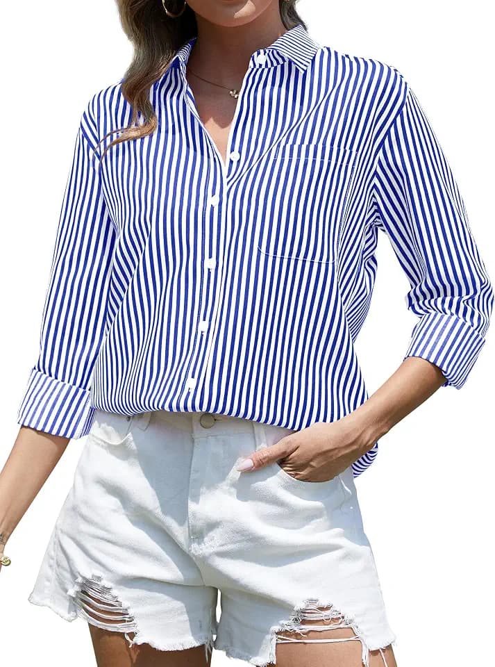 CUNLIN Women's Wrinkle-Resistant Striped Long Sleeve Button Down Shirt