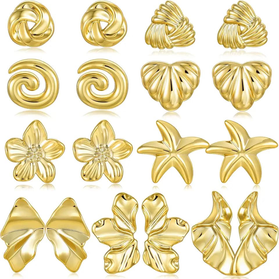 9 Pairs Gold Statement Earrings Set for Women, Chunky Lightweight Studs