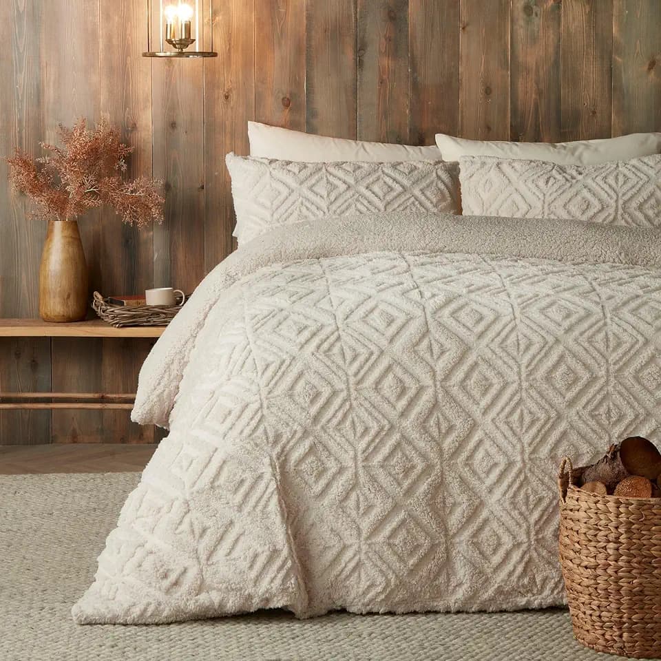 Fusion - Natürliches cremefarbenes Teddy-Fleece-Bettbezug, Doppelbettgröße (200 x 200 cm), wendbares Design, Leinen, Beige, Jacquard-Bettbezug, geometrische quadratische getuftete Bettwäsche, weiches