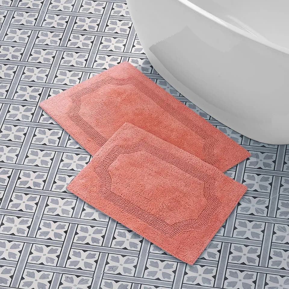 Laura Ashley - Reversible Cotton Bath Mat, Premium Bathroom Décor, Machine Washable Bathroom Rug, Highly Absorbent, 17"x24"/20"x32" 2-Piece Set, Coral