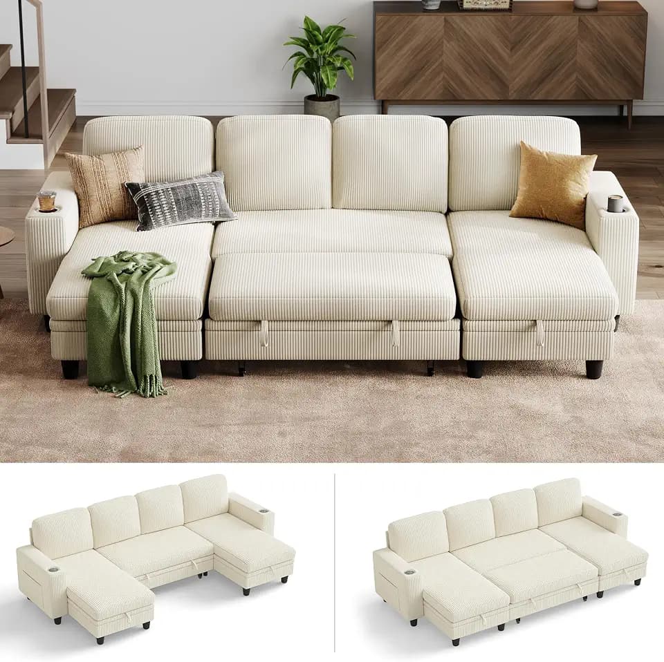 LINSY HOME Schlafsofa Ausziehbarer Couch, Ecksofa mit Schlaffunktion, Beige