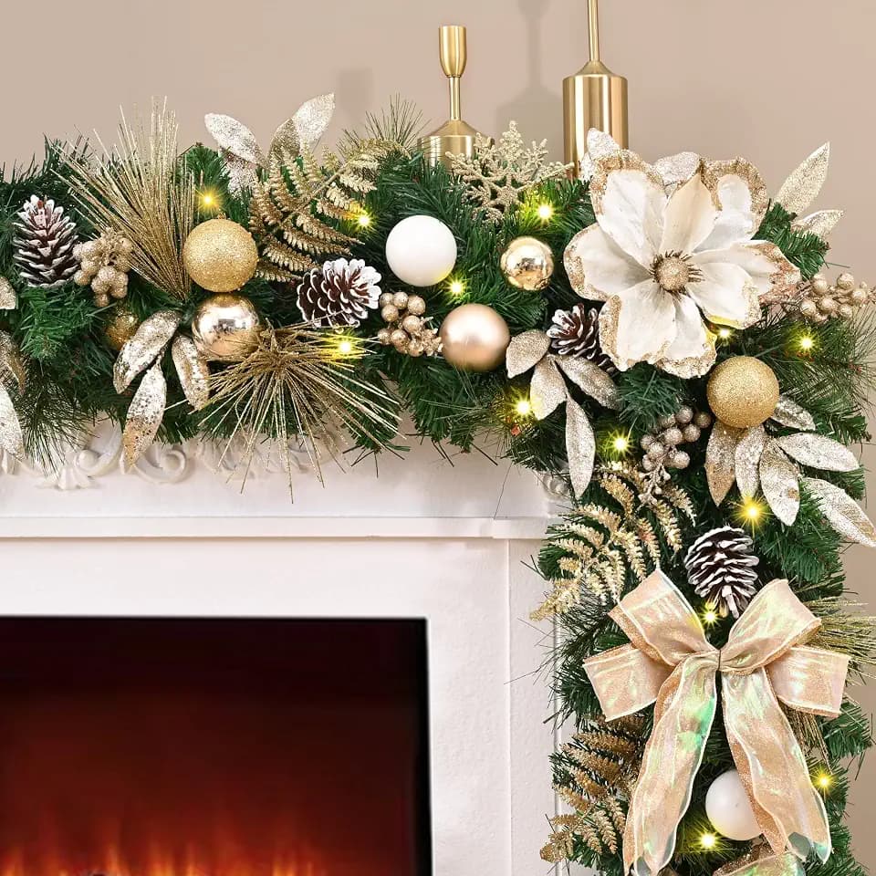 Waipfaru 9FT Christmas Garland with Lights, Gold Christmas Decor, Lighted Champagne Lighted Garland with Flower, Berries, Balls, Pinecone, Gold Garlands for Mantle Table Stairs Indoor Outdoor Decor