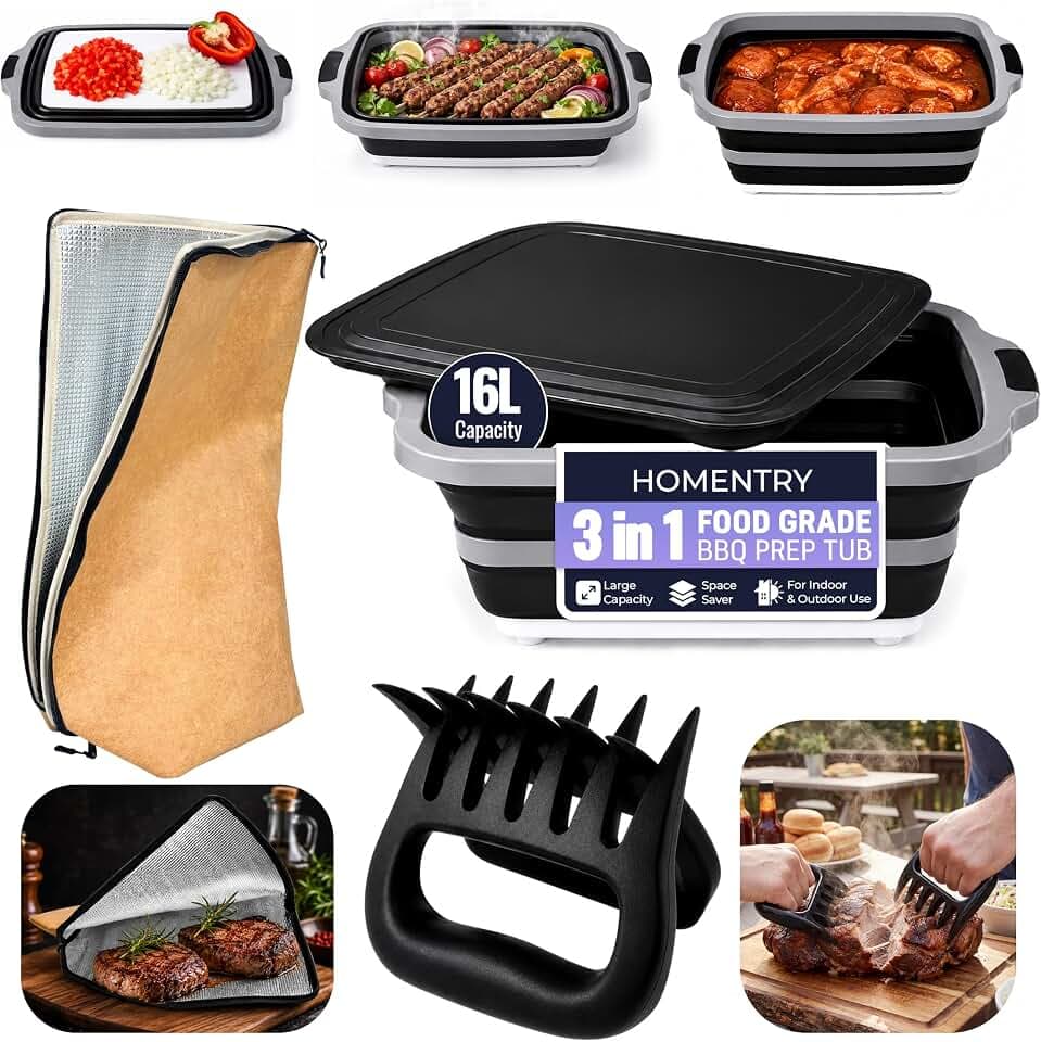 BBQ Prep Tub 16L, Collapsible Cutting Board with Meat Rest Blanket and Chicken Claws, Perfect Meat Prep Tub for Marinating, Shredding, and Grilling, All in One BBQ Accessories for Outing & Picnic