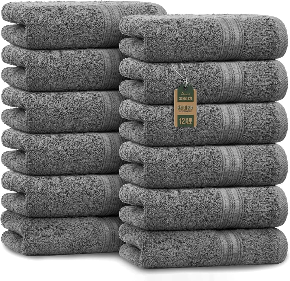 NatureMark Gästetücher – 12er Pack (30x50 cm), 100% Baumwolle, Oeko-Tex Zertifiziert, weich, saugfähig und pflegeleicht – Für Bad, Gäste & Spa – Anthrazit/Grau
