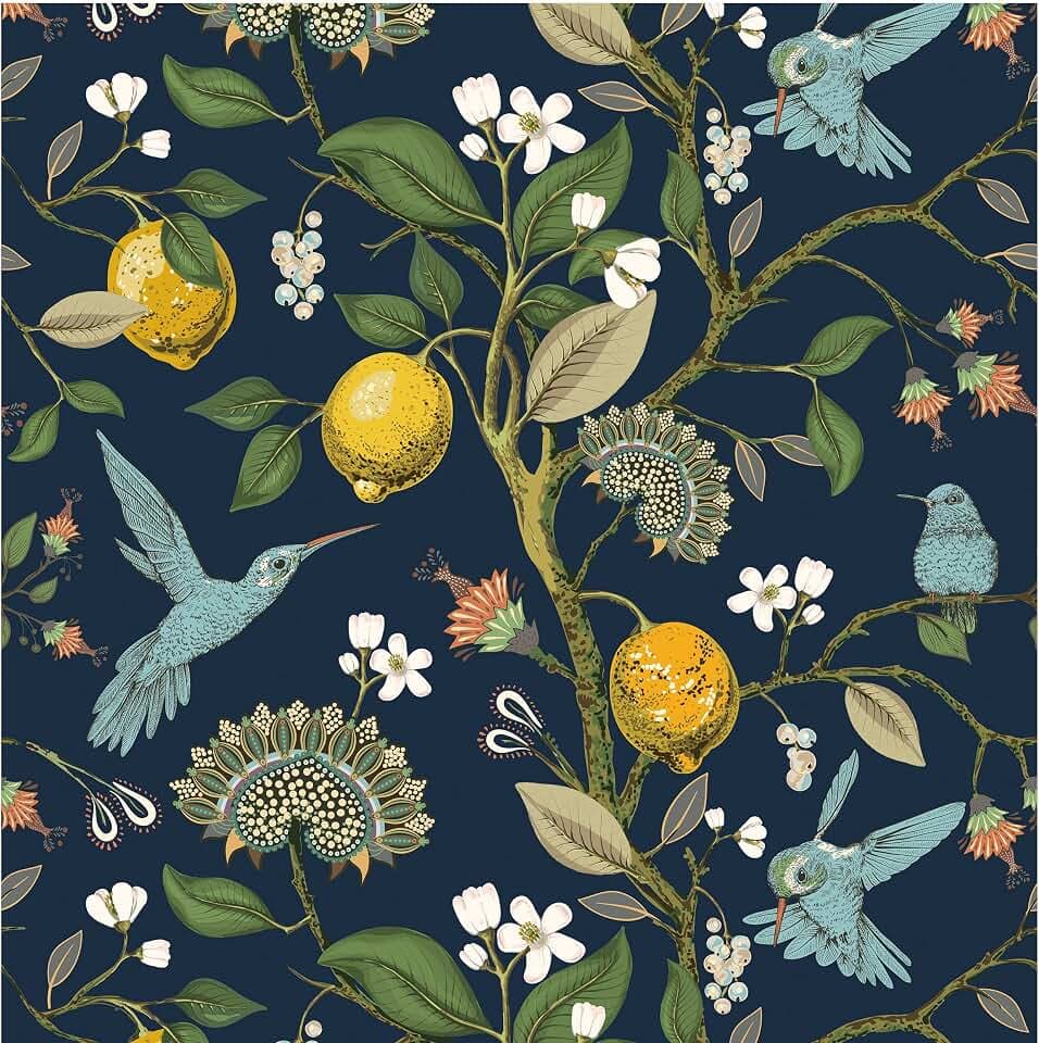 Blooming Wall Blue Bird Fresh Lemon Tree Peel and Stick Wallpaper Removable Self Adhesive Wall Mural Wall Decor, 14.5 Square Ft/Roll