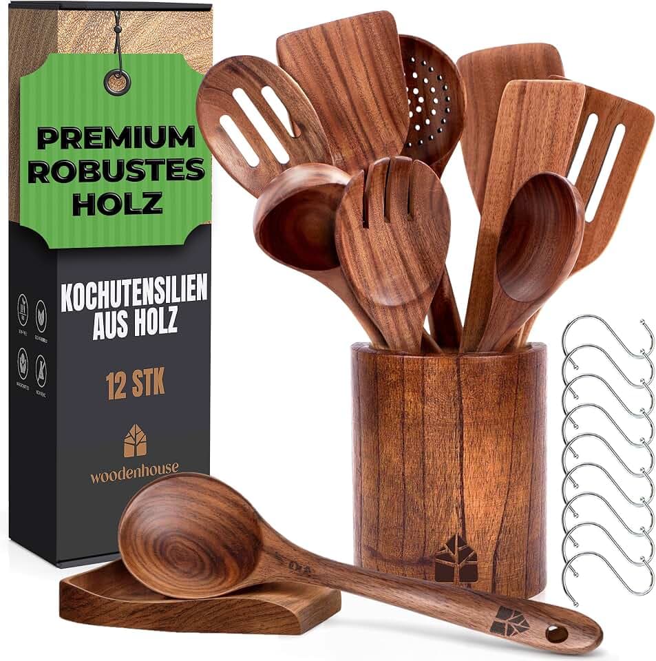 Holz kochlöffel Set 12 Stück aus Teakholz - Robuste Holzlöffel Set mit Halter, Haken und Ablage, Pfannenwender Holz & Kochbesteck - Natürlich & Perfekt für Antihaft, BPA-FREI küchenhelfer