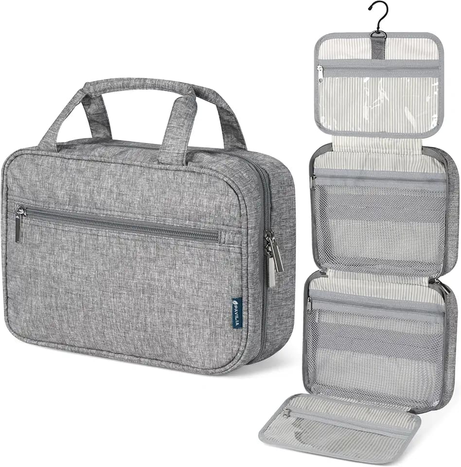 PAVILIA Hanging Toiletry Bag for Women Men, Portable Makeup Organizer, Grey