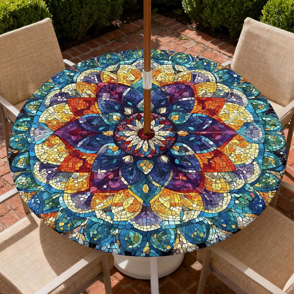 Outdoor Tablecloth with Umbrella Hole and Zipper Fits 32-36" Tables