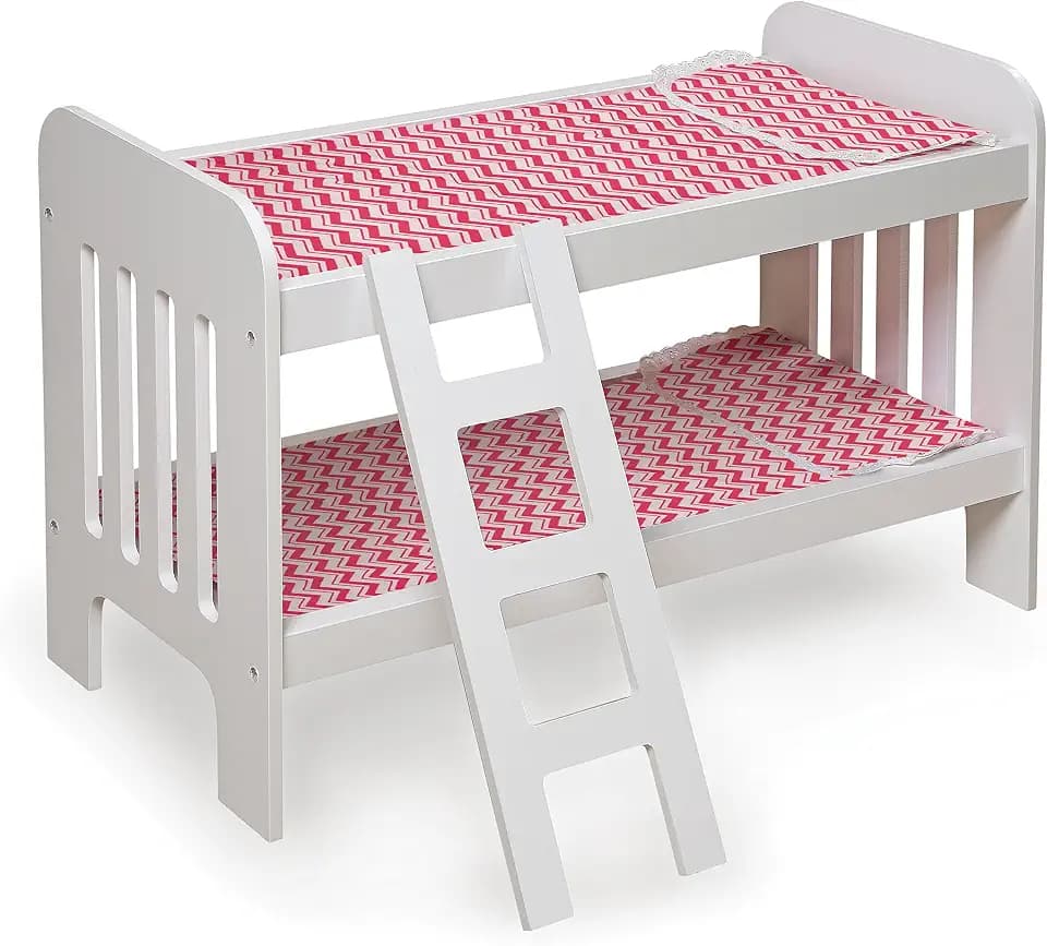 Badger Basket Chevron Doll Bunk Bed with Bedding, Ladder, and Padded Mats – Ideal for Dolls Up to 20 Inches in White and Pink