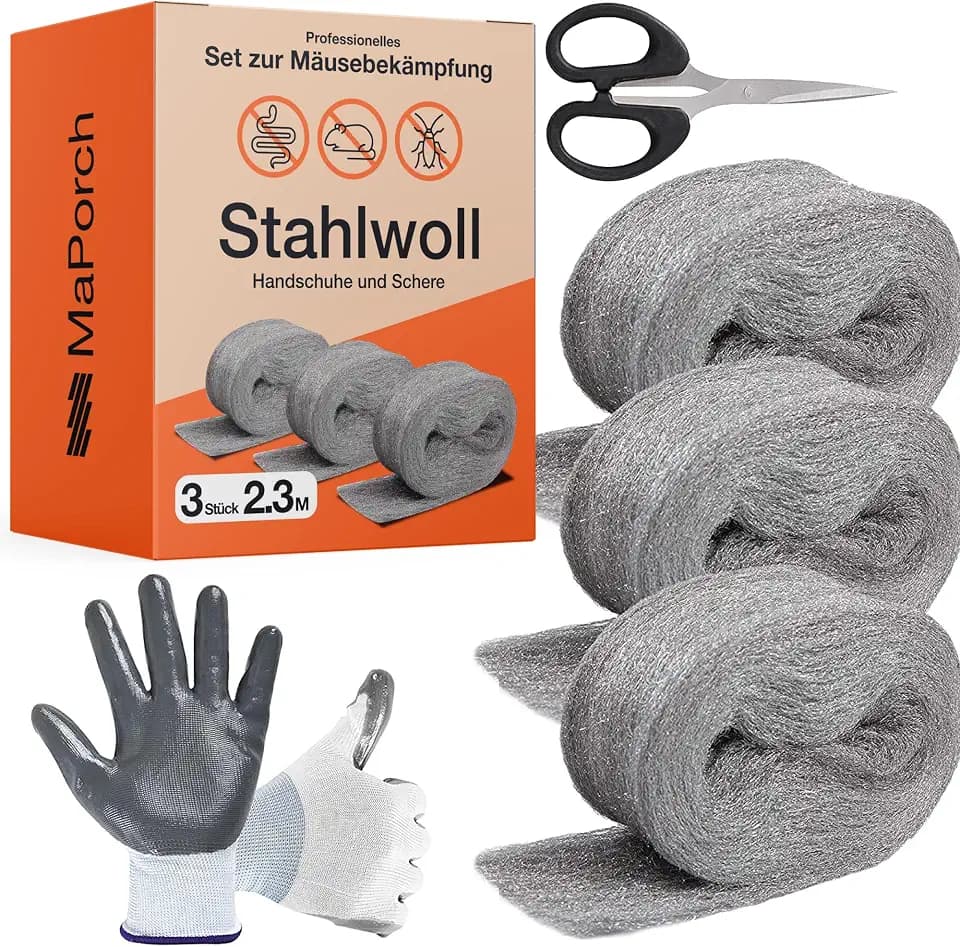 MaPorch Stahlwolle - 3 Rollen (8cm x 2,3 m) - Vielseitig zum Reinigen & Polieren - Lückenblocker für Wände, Rohre, Fenster - DIY-Set mit Handschuhen & Schere - Stahlwolle gegen Mäuse & Schnecken