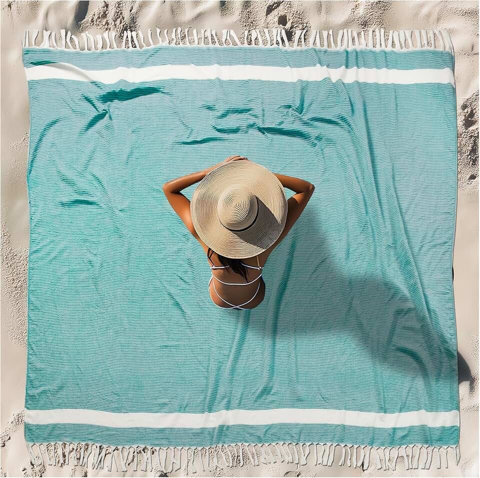 Vikumond Turkish Beach Towel Blanket Oversized 88x82 Inch Quick Dry Teal